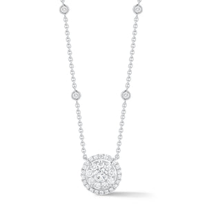 Diamond Halo Station Necklace  18k gold, 5.23 grams, 1 round diamond .32 carats, 35 round diamonds .69 carats.