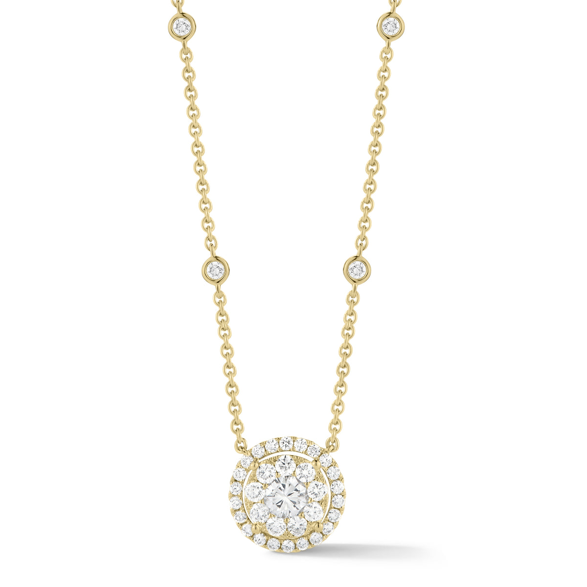Diamond Halo Station Necklace  18k gold, 5.23 grams, 1 round diamond .32 carats, 35 round diamonds .69 carats.