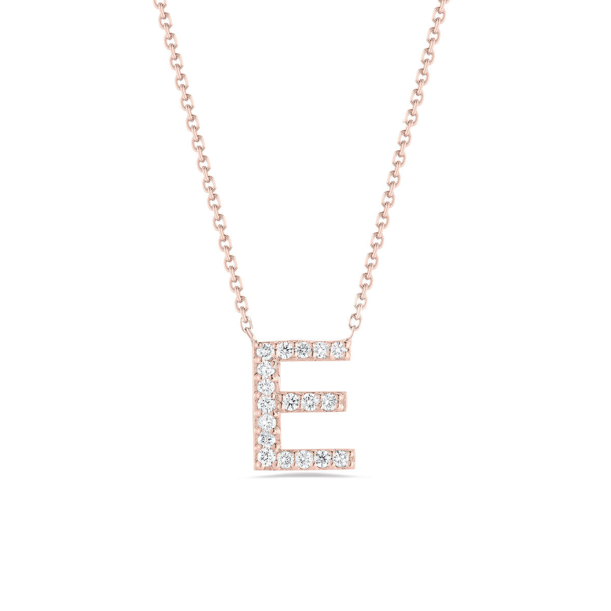 Personalized Diamond Initial Necklace  14k gold, 2.2 grams, 18 round shared prong-set diamonds .18 carats, 16” high quality 14k gold chain.  Size “E” 10 millimeters, width 8 millimeters.