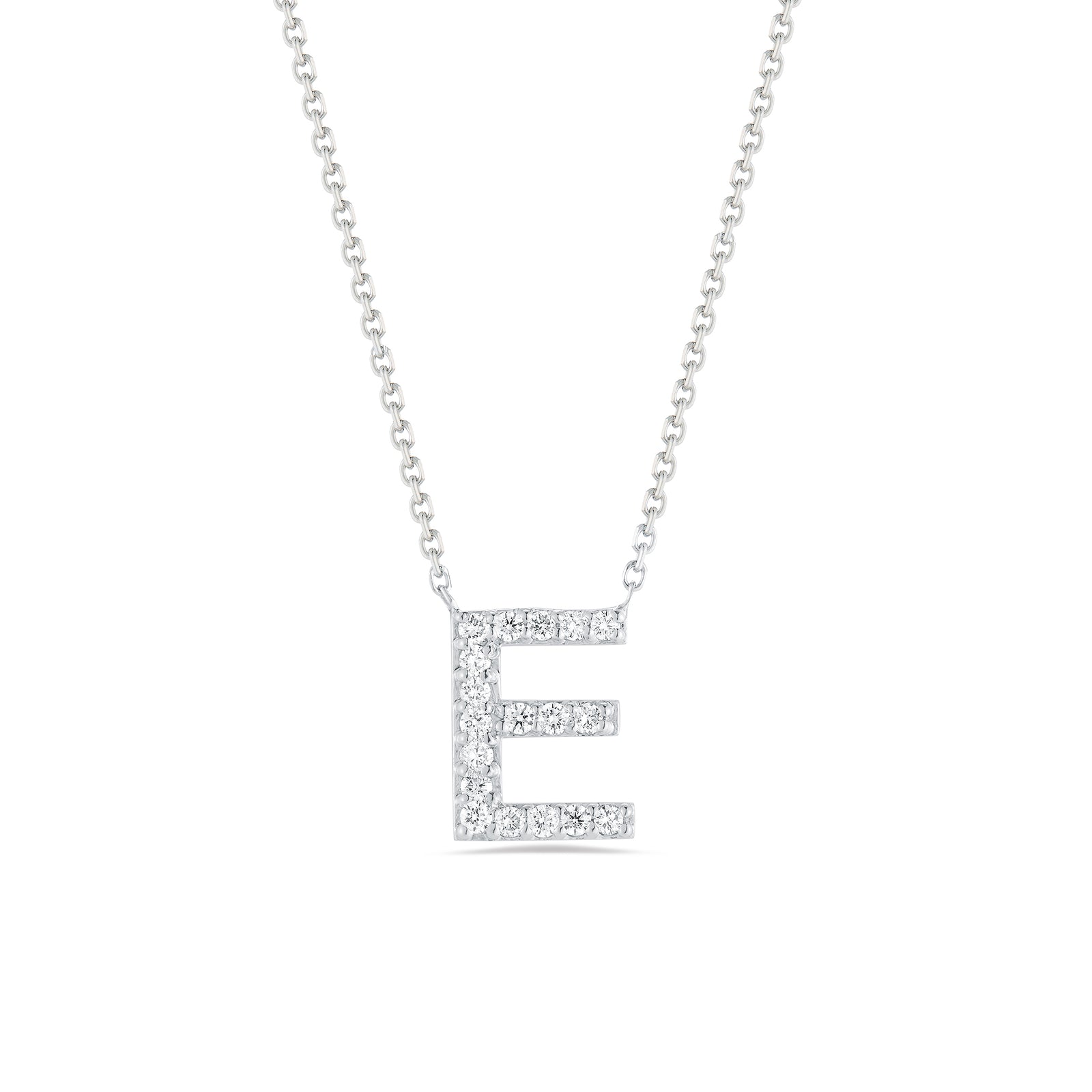 Personalized Diamond Initial Necklace  14k gold, 2.2 grams, 18 round shared prong-set diamonds .18 carats, 16” high quality 14k gold chain.  Size “E” 10 millimeters, width 8 millimeters.