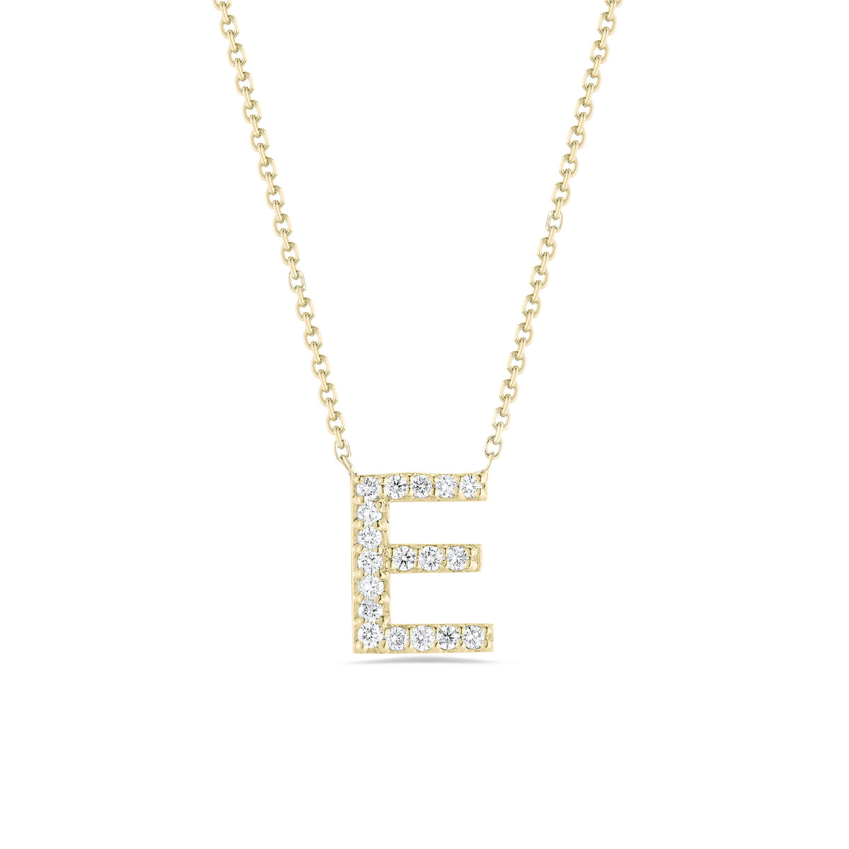 Personalized Diamond Initial Necklace  14k gold, 2.2 grams, 18 round shared prong-set diamonds .18 carats, 16” high quality 14k gold chain.  Size “E” 10 millimeters, width 8 millimeters.