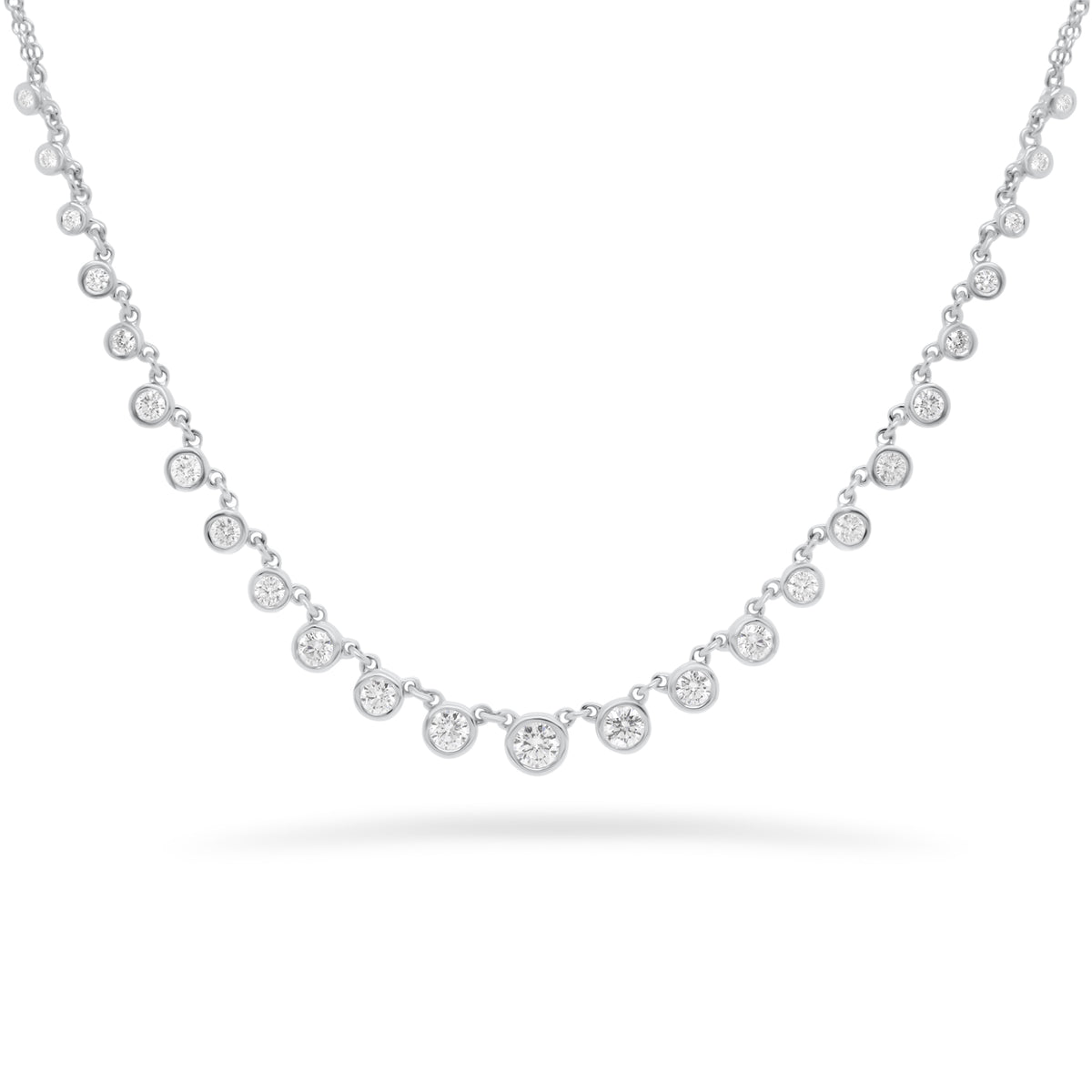 Diamond Bezels Graduated Necklace  - 14K gold weighing 4.21 grams  - 25 round diamonds totaling 0.73 carats