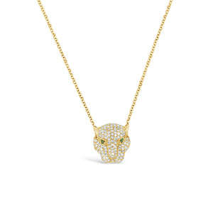 Diamond & Emerald Tiger Pendant Necklace -14K yellow gold weighing 2.72 grams -138 round pave set diamonds weighing 0.58 carats -2 emeralds weighing .02 ca