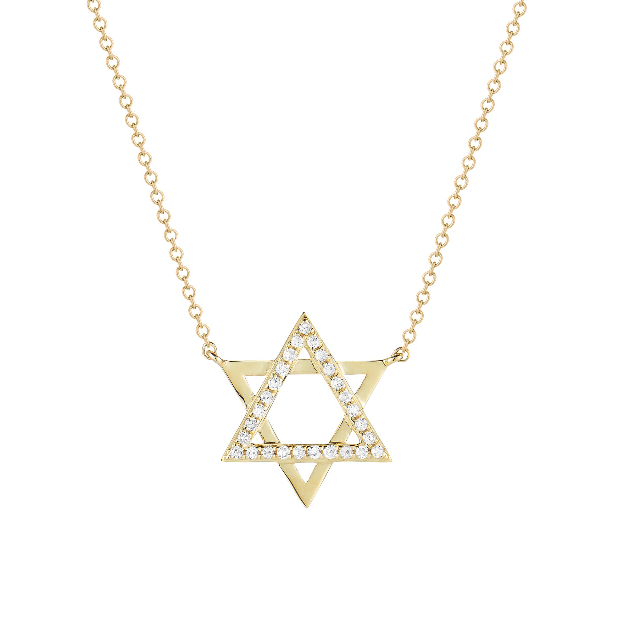 Diamond & Gold Star of David Pendant Necklace  -14K gold weighing 1.88 grams  -27 round pave-set diamonds totaling .08 carats.