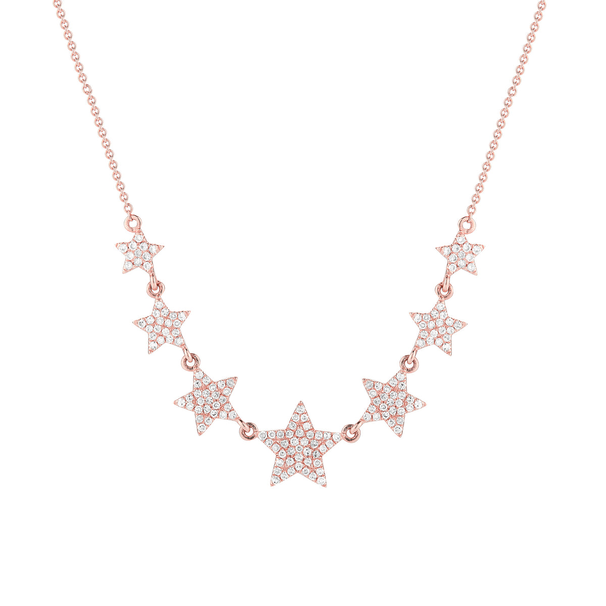 Diamond Graduated Star Necklace  -14K gold weighing 3.21 grams  -153 round pave-set diamonds totaling 0.37 carats.