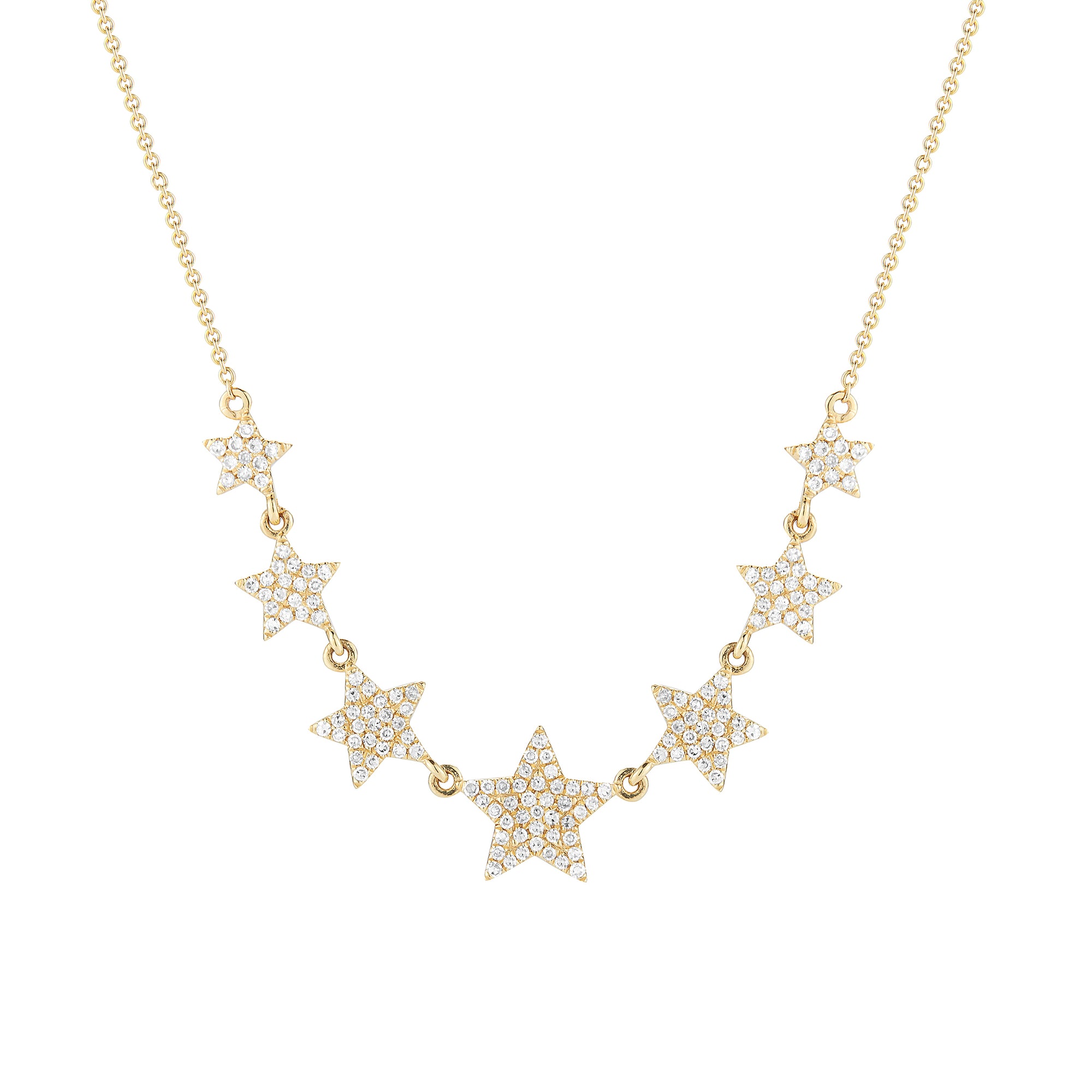 Diamond Graduated Star Necklace  -14K gold weighing 3.21 grams  -153 round pave-set diamonds totaling 0.37 carats.