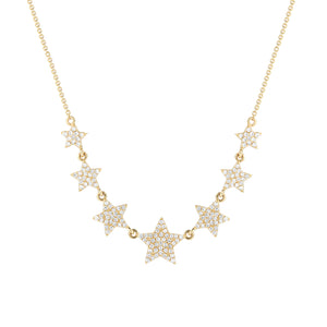 Diamond Graduated Star Necklace  -14K gold weighing 3.21 grams  -153 round pave-set diamonds totaling 0.37 carats.