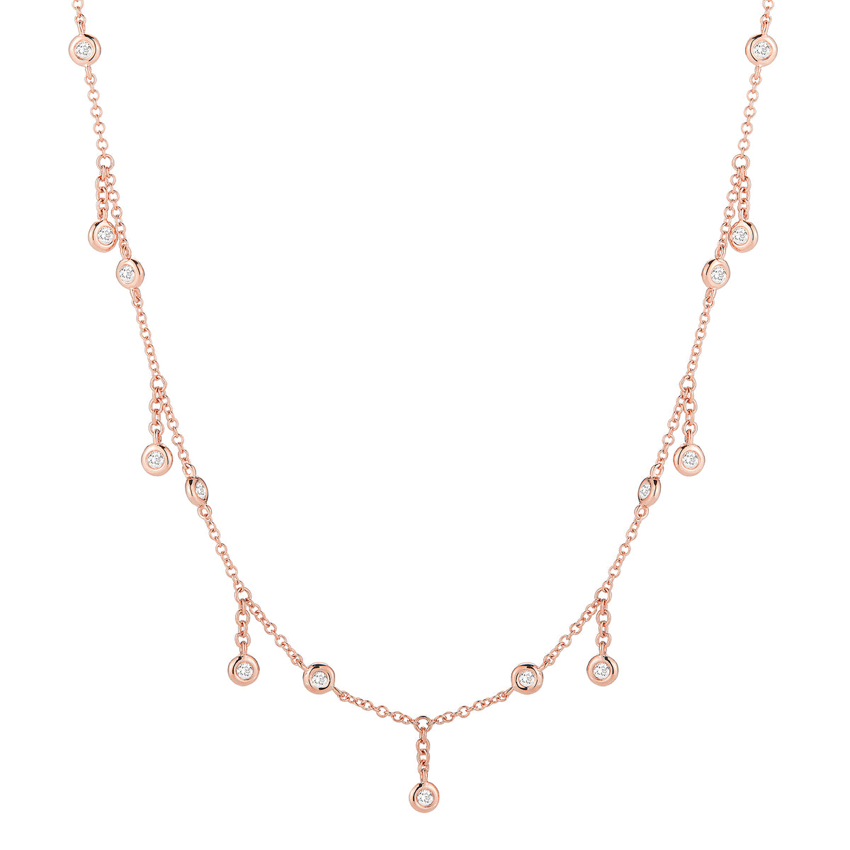 Diamond Fringe Necklace  14k rose gold, 2.15 grams, 15 round diamonds weighing .27 carats.