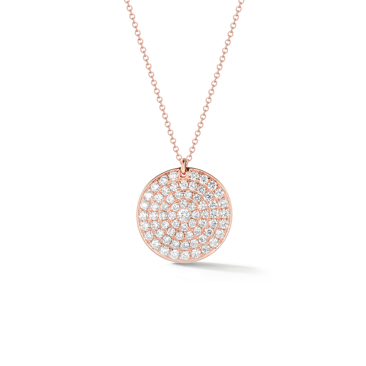 Diamond Disc Pendant Necklace  -18K gold weighing 4.21 grams  -66 round pave-set diamonds totaling 0.81 carats.