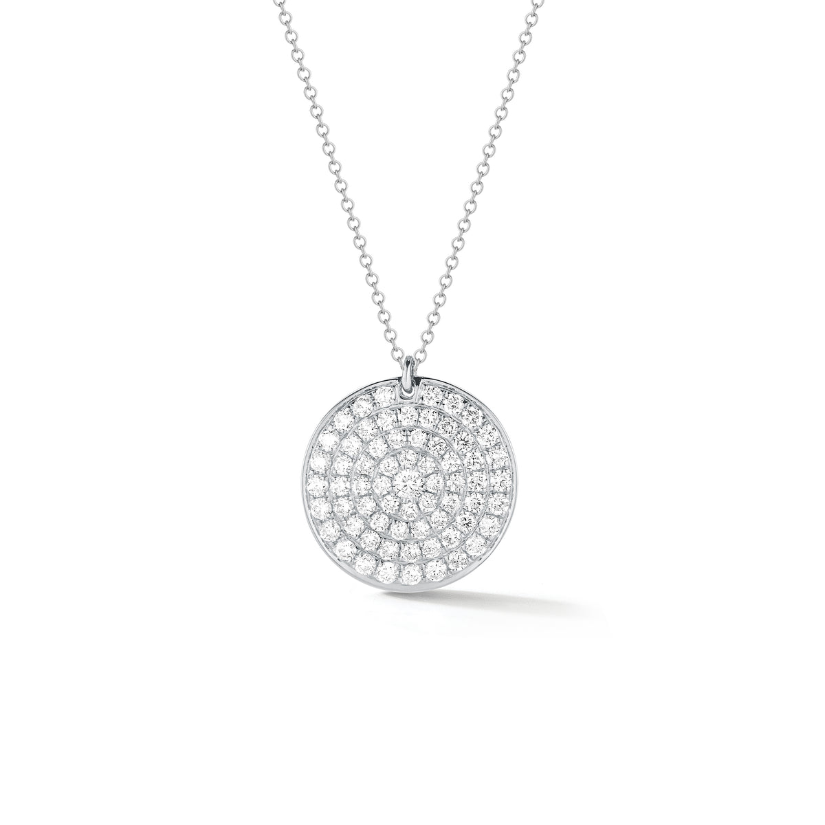 Diamond Disc Pendant Necklace  -18K gold weighing 4.21 grams  -66 round pave-set diamonds totaling 0.81 carats.