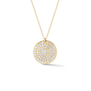Diamond Disc Pendant Necklace  -18K gold weighing 4.21 grams  -66 round pave-set diamonds totaling 0.81 carats.