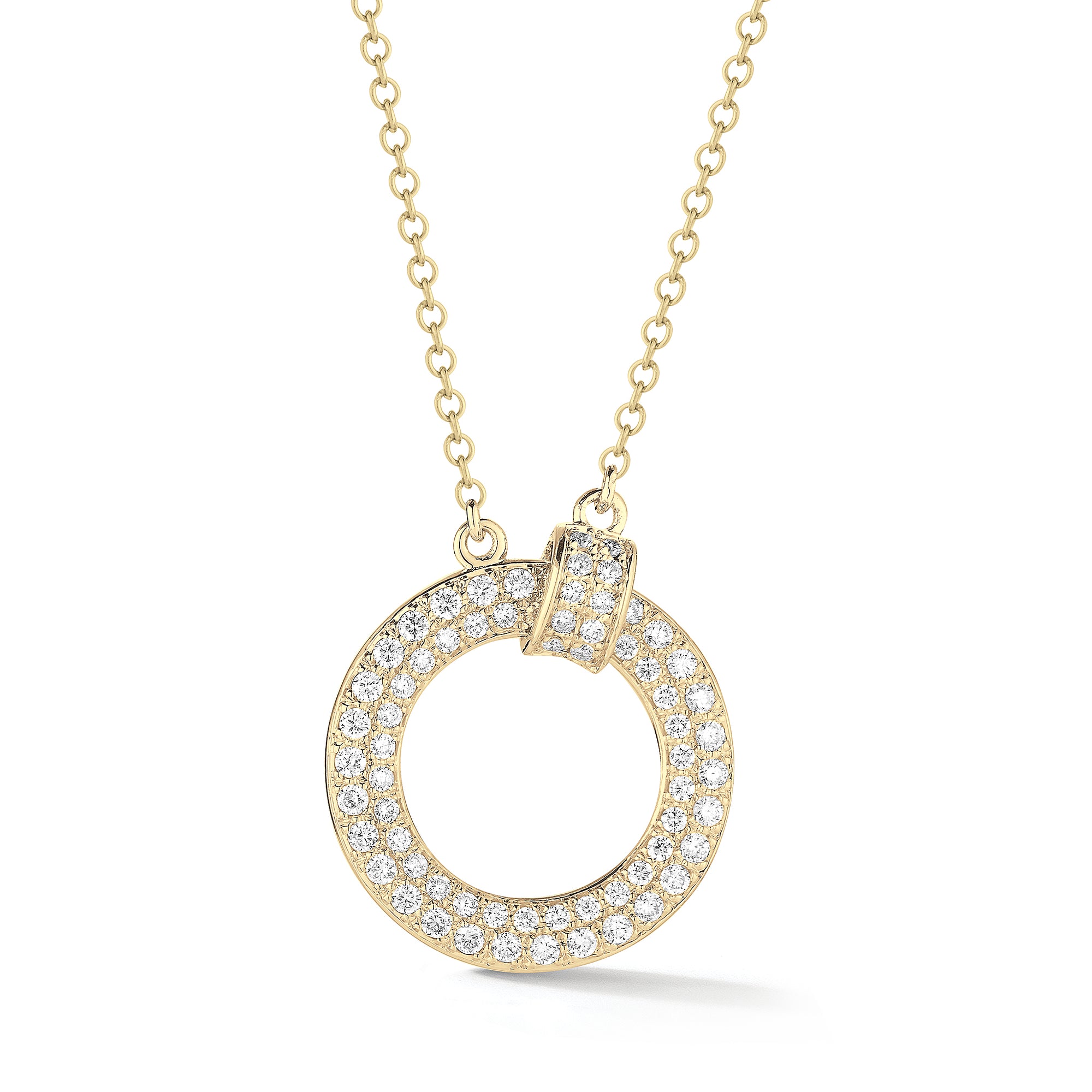 Pave Diamond Open Circle Link Pendant  14k gold, 4.5 grams, 70 round pave-set diamonds weighing .66 carats.