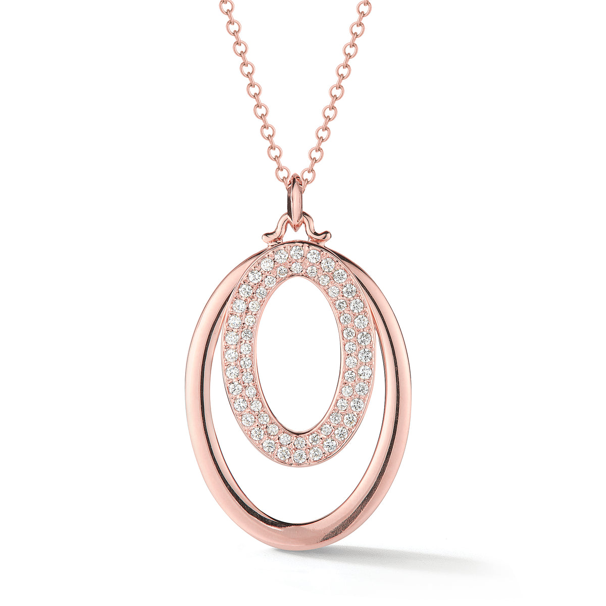 Diamond & Gold Oval Pendant Necklace -14K rose gold weighing 9 grams -62 round pave-set diamonds totaling 0.46 carats.