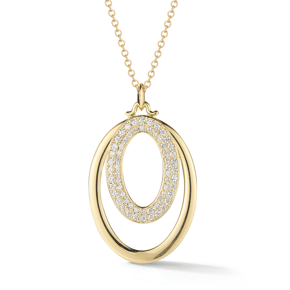 Diamond & Gold Oval Pendant Necklace -14K yellow gold weighing 9 grams -62 round pave-set diamonds totaling 0.46 carats.