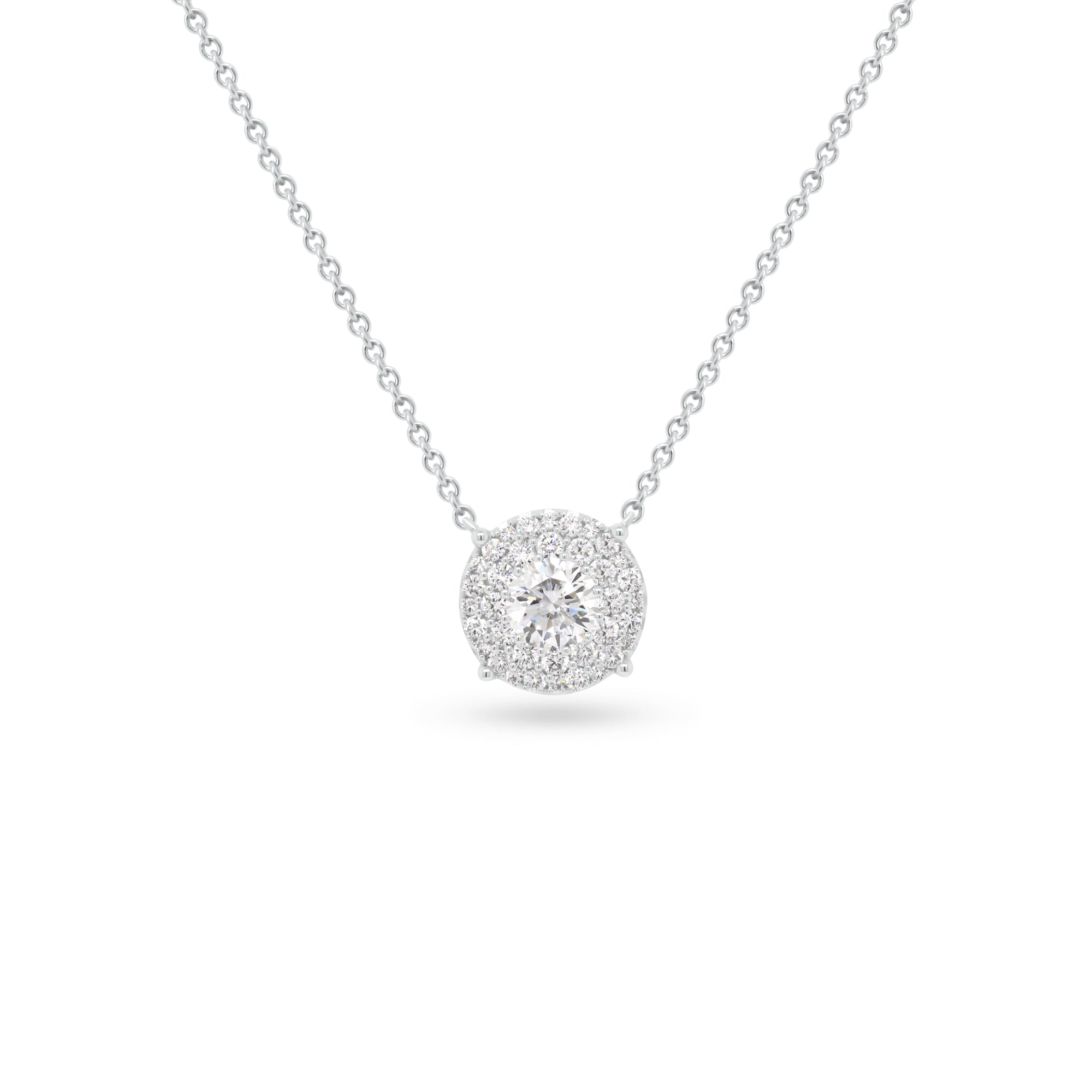 Diamond Double Halo Pendant Necklace  -18K white gold weighing 4.25 grams  -30 round pave-set diamonds totaling 0.48 carats