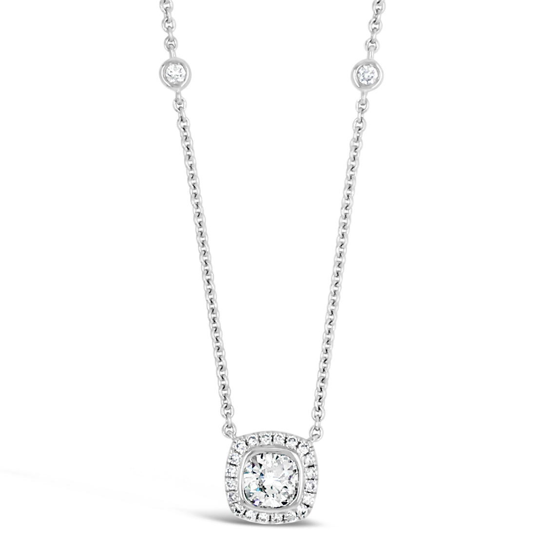 Cushion Diamond Pendant Necklace with Bezel-Set Diamond Chain -18K gold weighing 4.00 grams -24 round pave set diamonds totaling 0.20 carats -1 cushion-cut diamond weighing 0.56 carats (I color, I1 clarity)