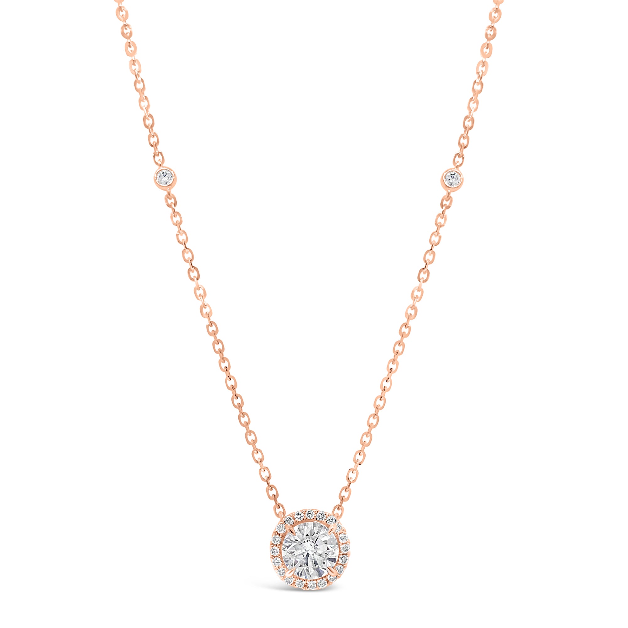 Round Diamond Halo Pendant Necklace with Bezel Set Diamond Stations - 1.01 ct diamond (GIA-graded I color, I2 clarity) - 0.19 ct (total weight for all other diamonds) white gold