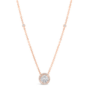 Round Diamond Halo Pendant Necklace with Bezel Set Diamond Stations - 1.01 ct diamond (GIA-graded I color, I2 clarity) - 0.19 ct (total weight for all other diamonds) rose gold