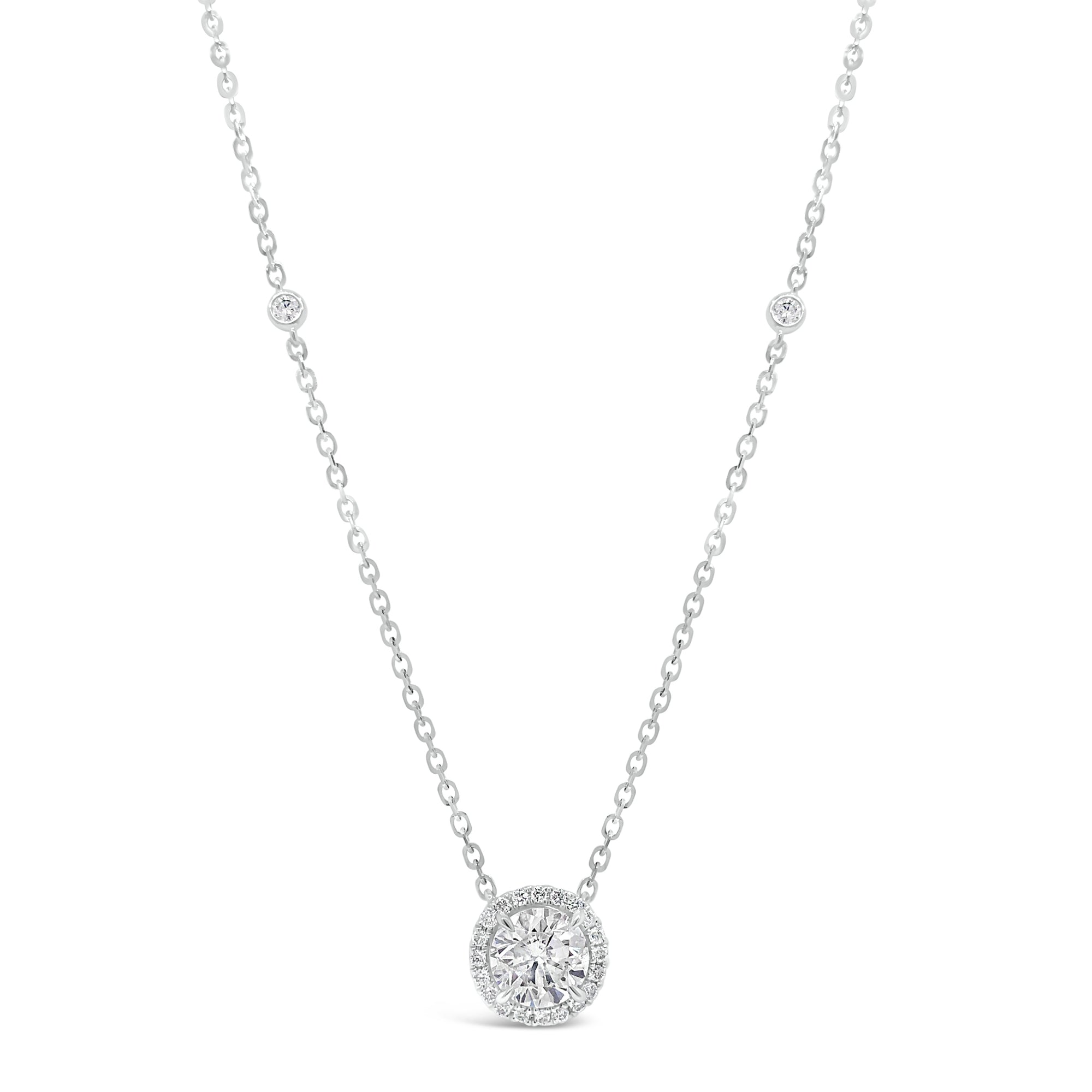 Round Diamond Halo Pendant Necklace with Bezel Set Diamond Stations - 1.01 ct diamond (GIA-graded I color, I2 clarity) - 0.19 ct (total weight for all other diamonds) white gold