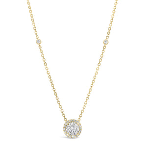 Round Diamond Halo Pendant Necklace with Bezel Set Diamond Stations - 1.01 ct diamond (GIA-graded I color, I2 clarity) - 0.19 ct (total weight for all other diamonds) yellow gold