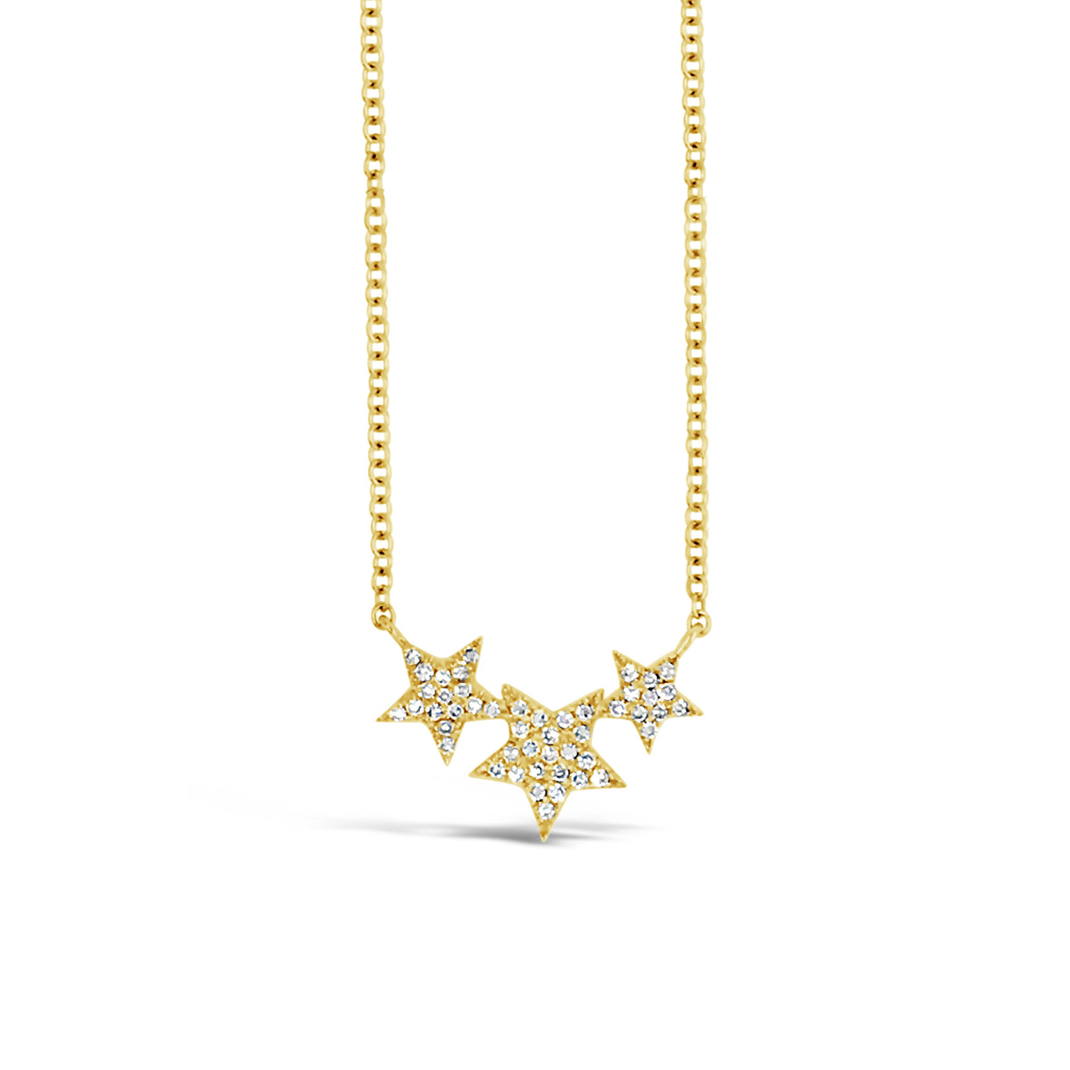 Diamond Triple-Star Necklace  -14k gold weighing 1.69 grams  -48 round pave-set diamonds totaling 0.10 carats