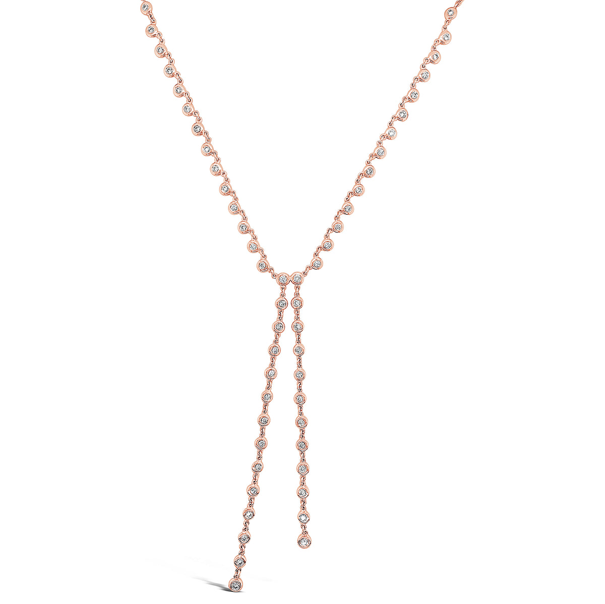 Bezel-Set Diamond Double Lariat Necklace  -14K gold weighing 6.28 grams  -54 round diamonds totaling 0.78 carats 