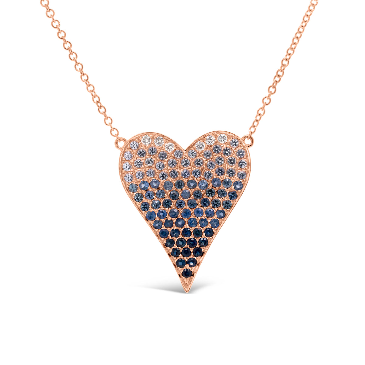 Sapphire Gradient Heart Pendant - 14K rose gold weighing 3.25 grams - 6 round diamonds totaling 0.07 carats - 89 sapphires totaling 1.02 carats