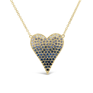 Sapphire Gradient Heart Pendant - 14K yellow gold weighing 3.25 grams - 6 round diamonds totaling 0.07 carats - 89 sapphires totaling 1.02 carats