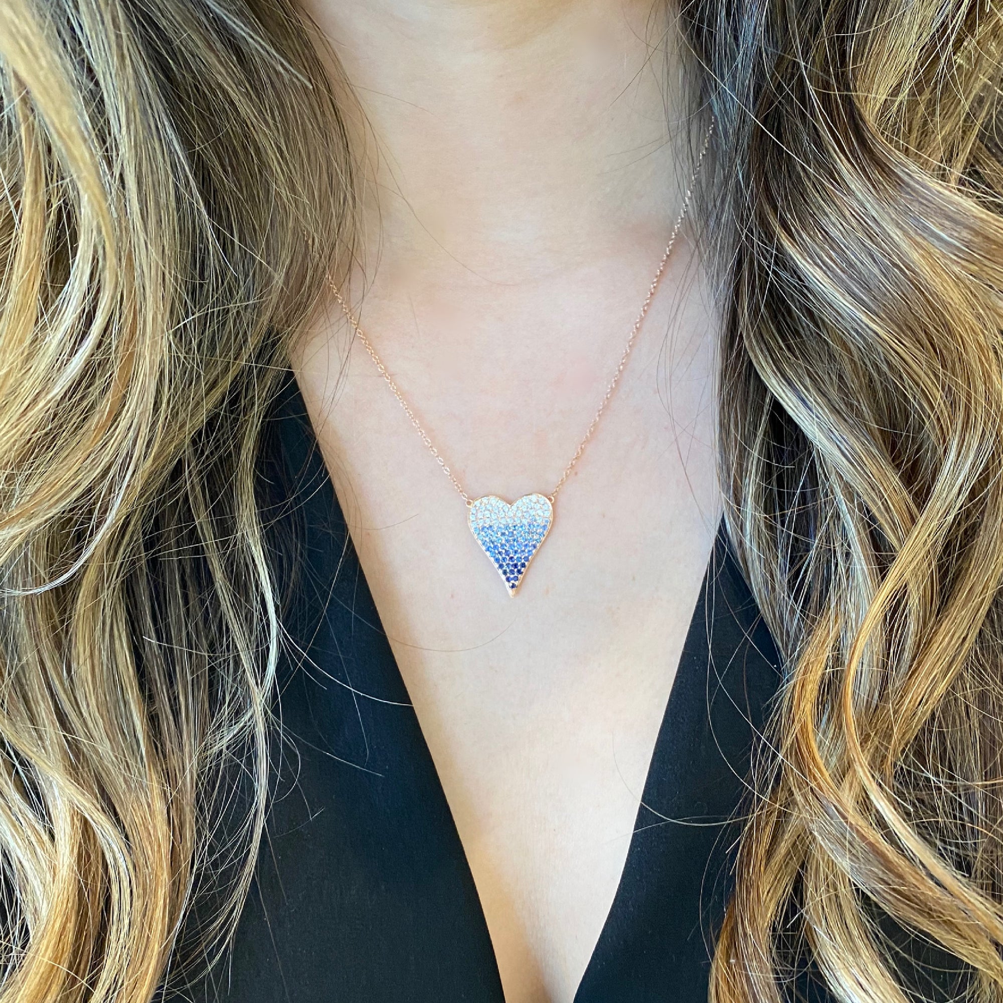 Sapphire Gradient Heart Pendant - 14K rose gold weighing 3.25 grams - 6 round diamonds totaling 0.07 carats - 89 sapphires totaling 1.02 carats