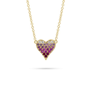 Pink Sapphire & Diamond Ombré Heart Pendant  - 14K yellow gold weighing 1.98 grams  - 4 round diamonds totaling 0.05 carats  - 21 pink sapphires totaling 0.24 carats