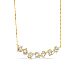 Diamond Baguette Staggered Bar Necklace -14K yellow gold weighing 3.33 grams -98 round pave-set diamonds totaling 0.23 carats -7 straight baguette diamonds totaling 0.29 carats