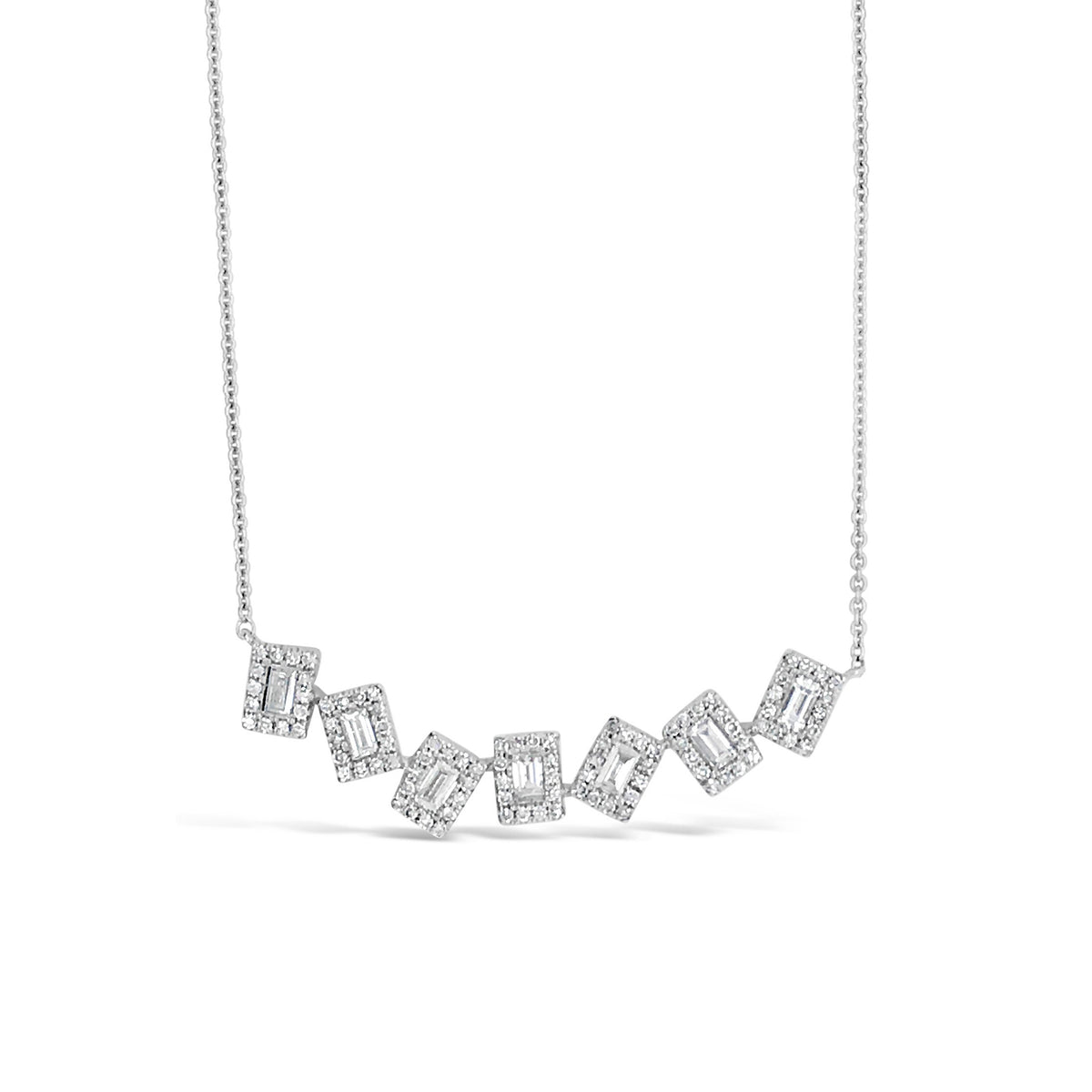Diamond Baguette Staggered Bar Necklace -14K white gold weighing 3.33 grams -98 round pave-set diamonds totaling 0.23 carats -7 straight baguette diamonds totaling 0.29 carats