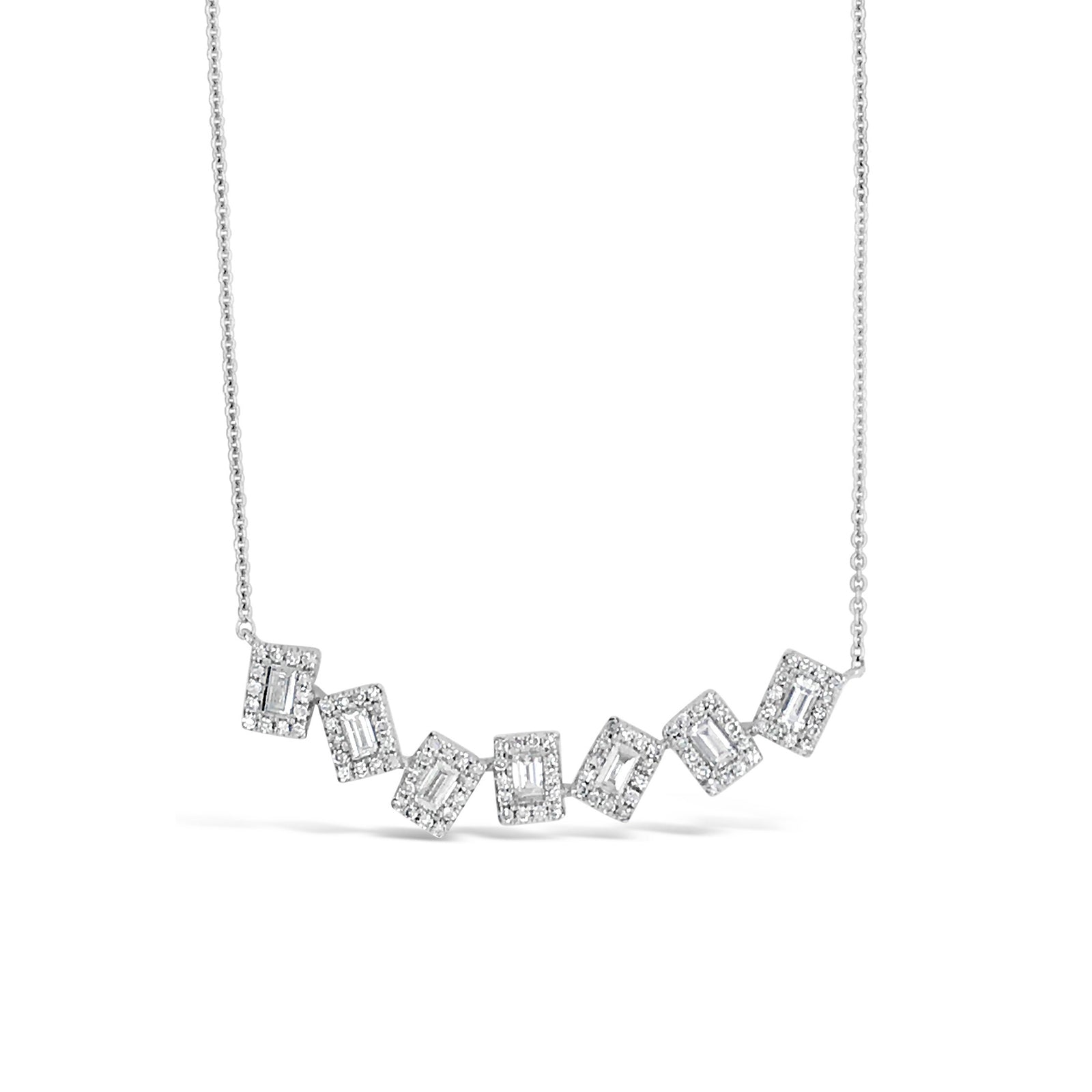 Diamond Baguette Staggered Bar Necklace -14K white gold weighing 3.33 grams -98 round pave-set diamonds totaling 0.23 carats -7 straight baguette diamonds totaling 0.29 carats