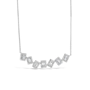 Diamond Baguette Staggered Bar Necklace -14K white gold weighing 3.33 grams -98 round pave-set diamonds totaling 0.23 carats -7 straight baguette diamonds totaling 0.29 carats