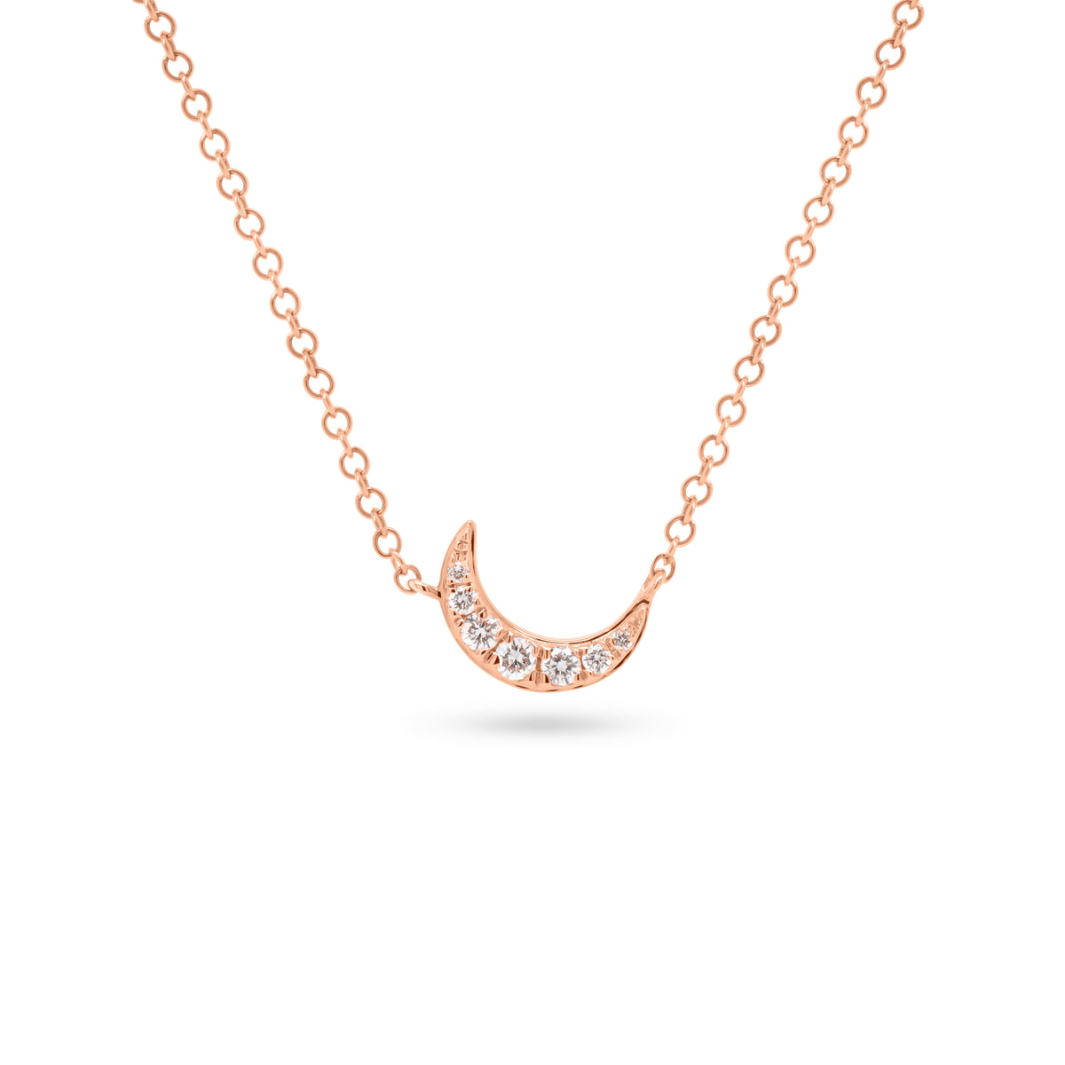 Petite Diamond Crescent Moon Necklace  -14k gold weighing 1.53 grams  -7 round prong set diamonds weighing .08 carats