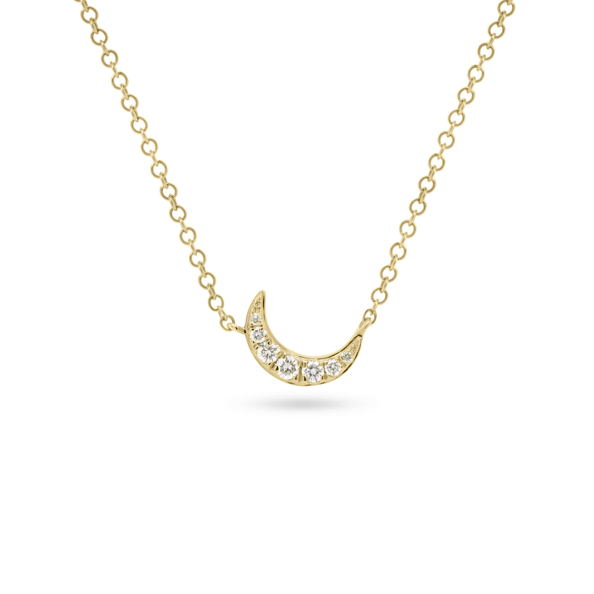 Petite Diamond Crescent Moon Necklace  -14k gold weighing 1.53 grams  -7 round prong set diamonds weighing .08 carats