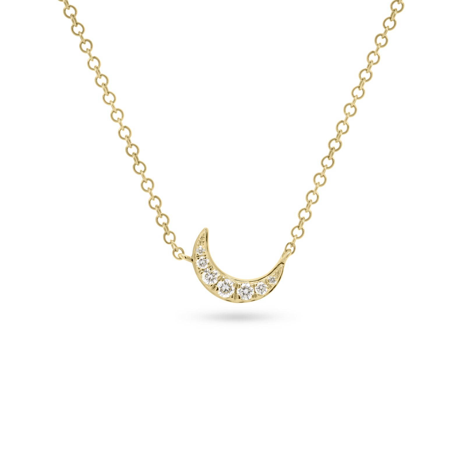 Petite Diamond Crescent Moon Necklace  -14k gold weighing 1.53 grams  -7 round prong set diamonds weighing .08 carats