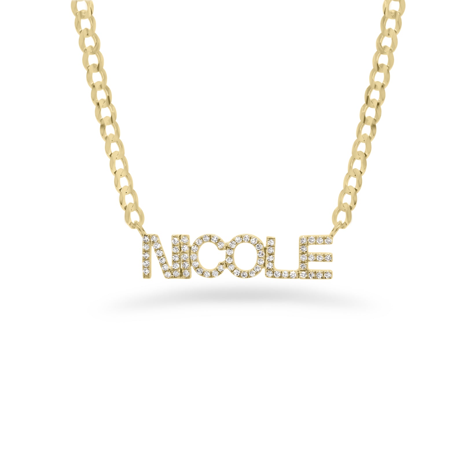 Diamond Name Curb Chain Necklace  - 14K gold weighing 4.52 grams  - 68 round diamonds totaling 0.22 carats