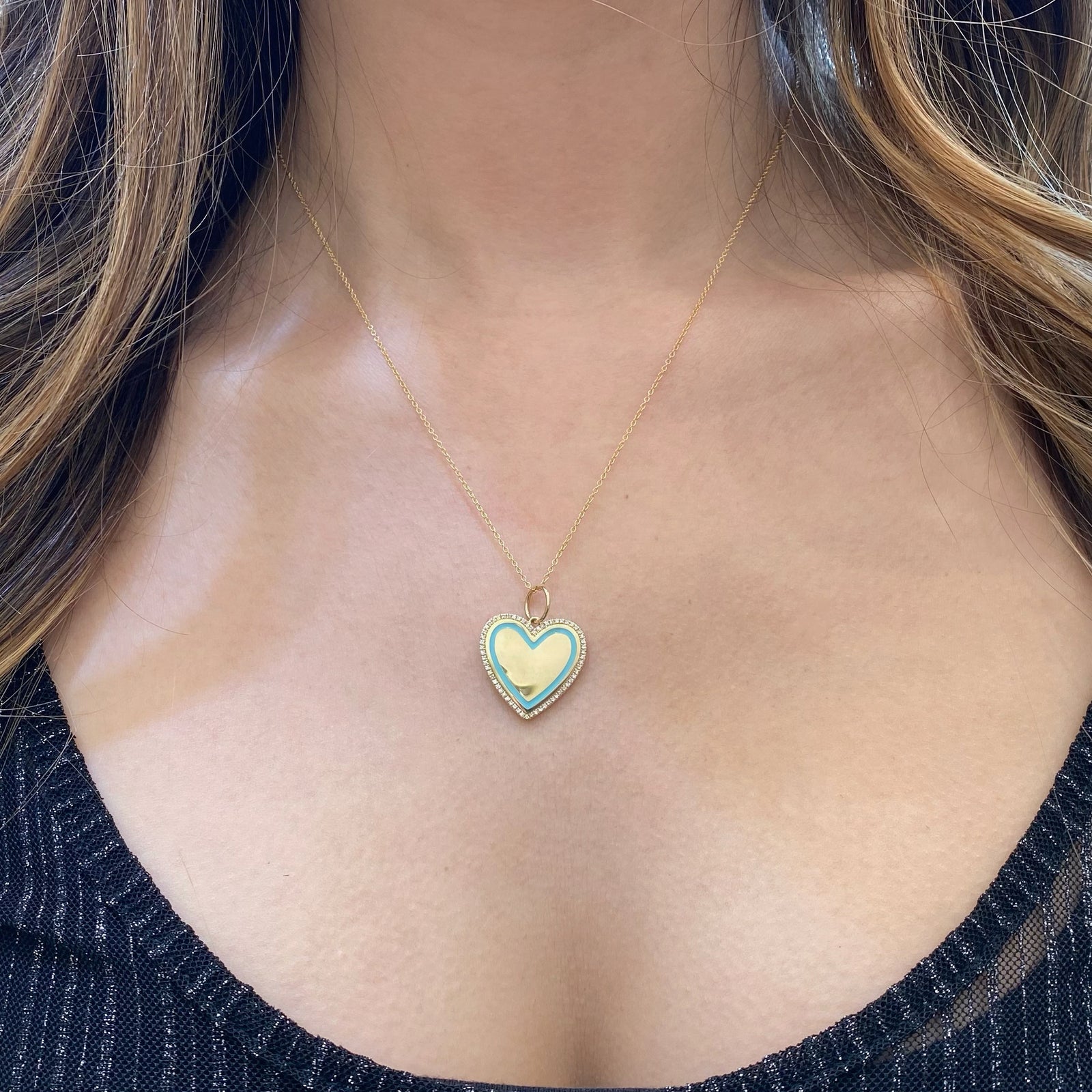 Diamond & Enamel Heart Pendant - 14K yellow gold weighing 6.51 grams - 62 round diamonds totaling 0.16 carats