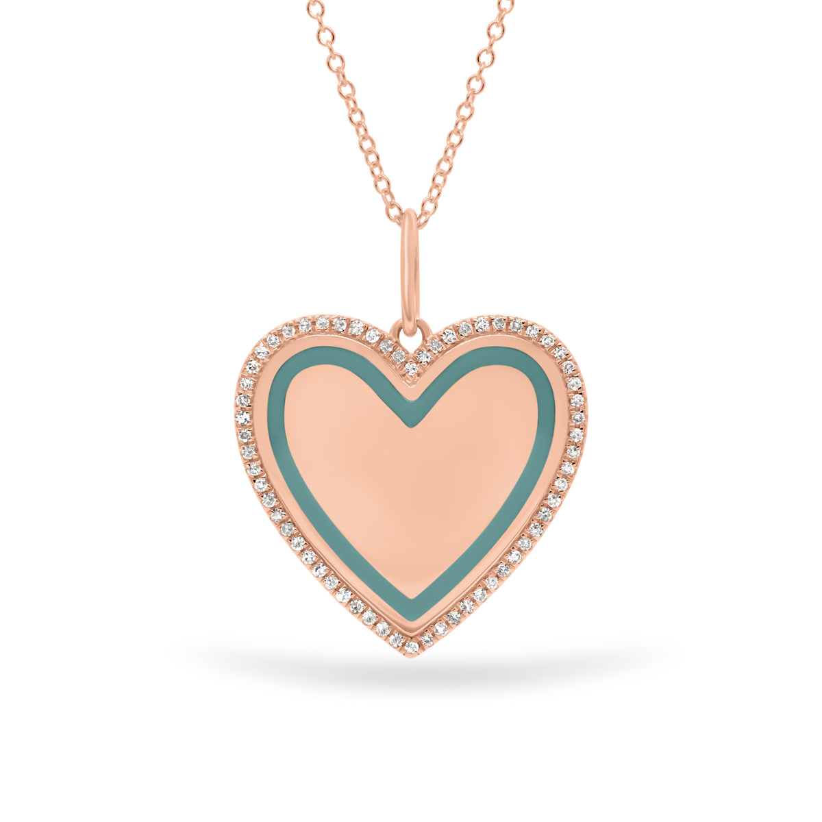 Diamond & Enamel Heart Pendant - 14K rose gold weighing 6.51 grams - 62 round diamonds totaling 0.16 carats