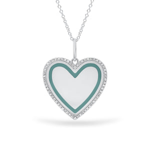 Diamond & Enamel Heart Pendant - 14K white gold weighing 6.51 grams - 62 round diamonds totaling 0.16 carats
