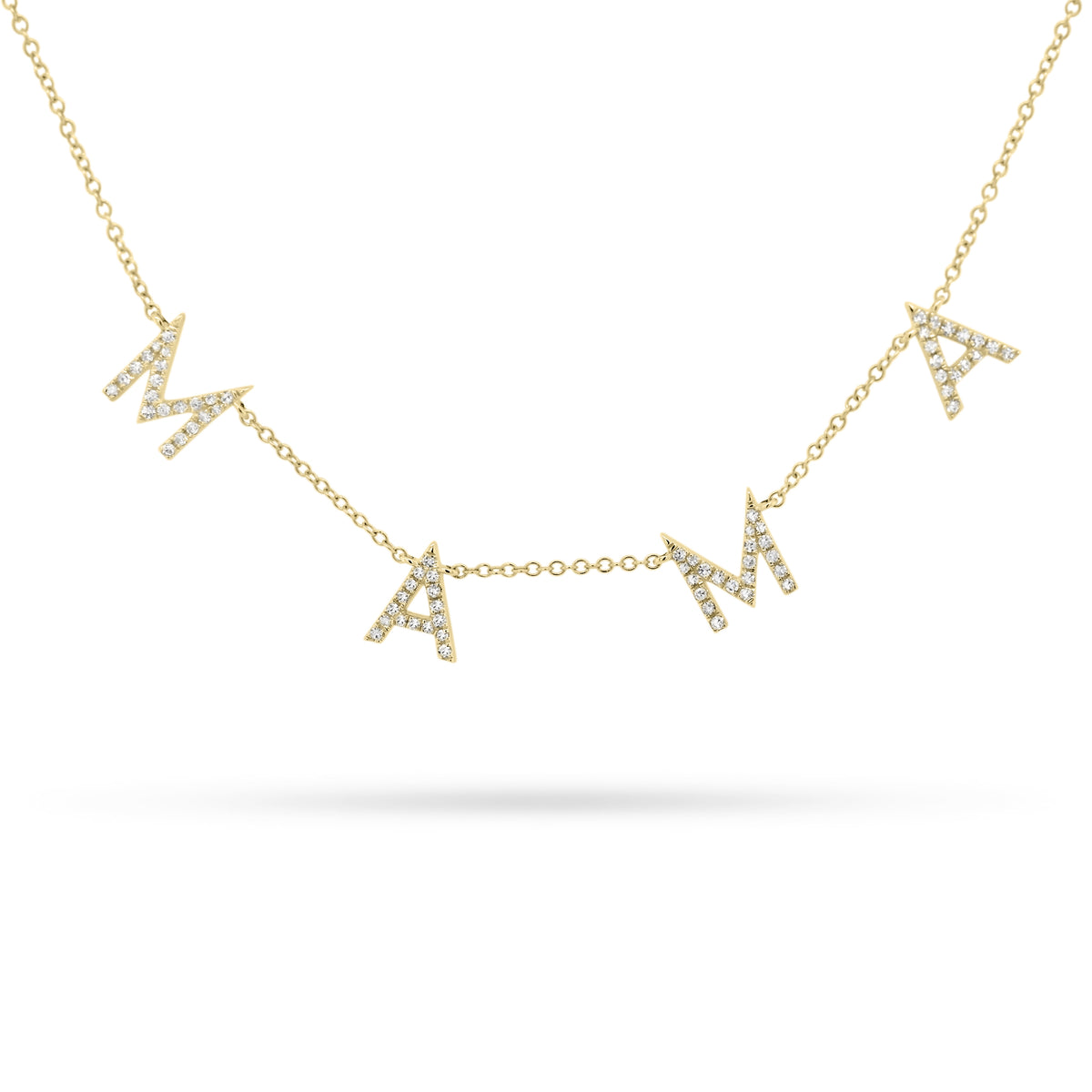 Small Diamond Mama Necklace  - 14K gold weighing 2.66 grams  - 74 round diamonds totaling 0.25 carats