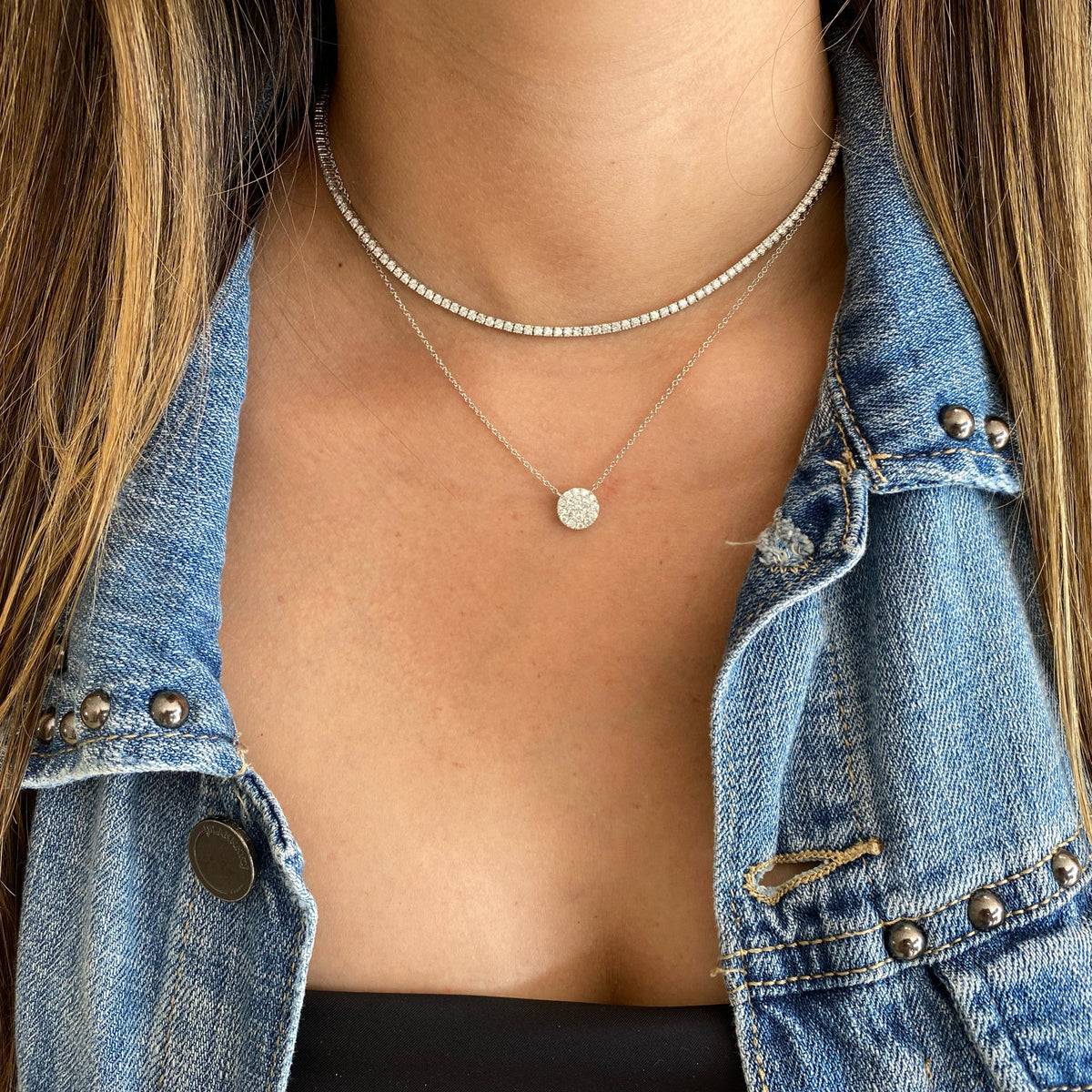 Female Model Wearing Solid 14K white gold weighing 2.62 grams with 19 round diamonds weighing 0.45 carats Pave Diamond Circle Pendant Necklace | Nuha Jewelers