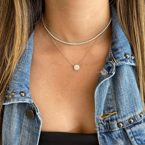 Female Model Wearing Solid 14K white gold weighing 2.62 grams with 19 round diamonds weighing 0.45 carats Pave Diamond Circle Pendant Necklace | Nuha Jewelers