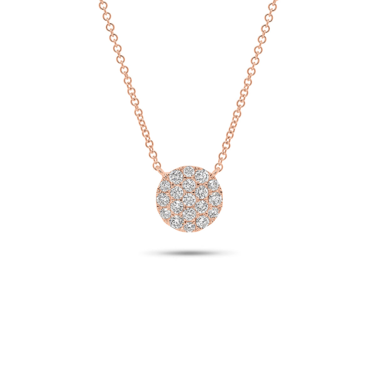 Solid 14K rose gold weighing 2.62 grams with 19 round diamonds weighing 0.45 carats Pave Diamond Circle Pendant Necklace | Nuha Jewelers