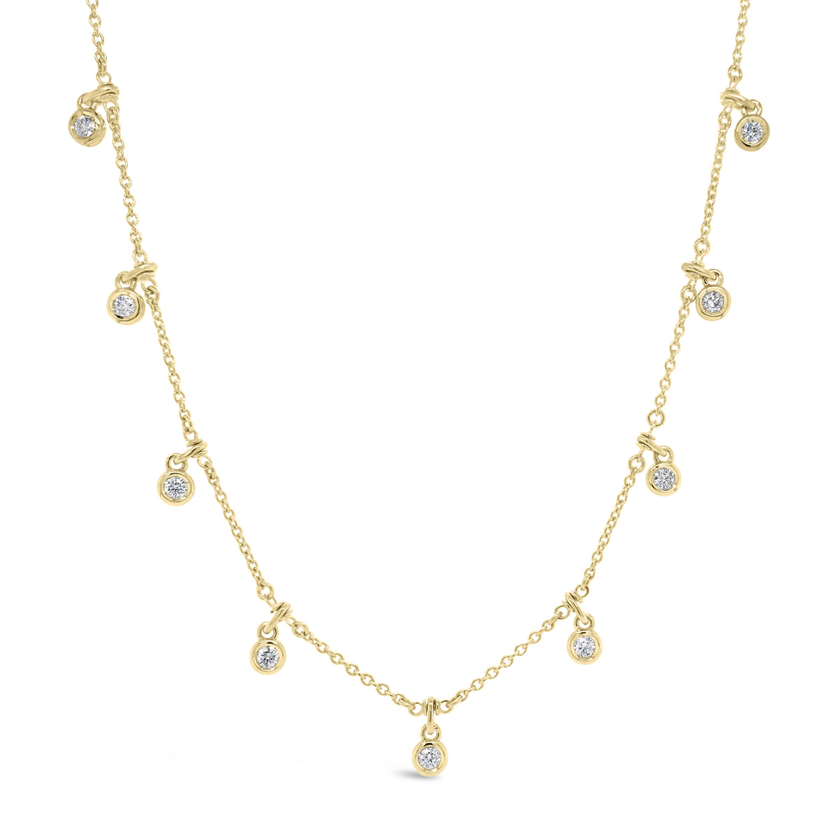 Diamond by the Yard Drip Necklace  - 14K gold weighing 6.25 grams.  - 9 round diamonds totaling 0.61 carats.