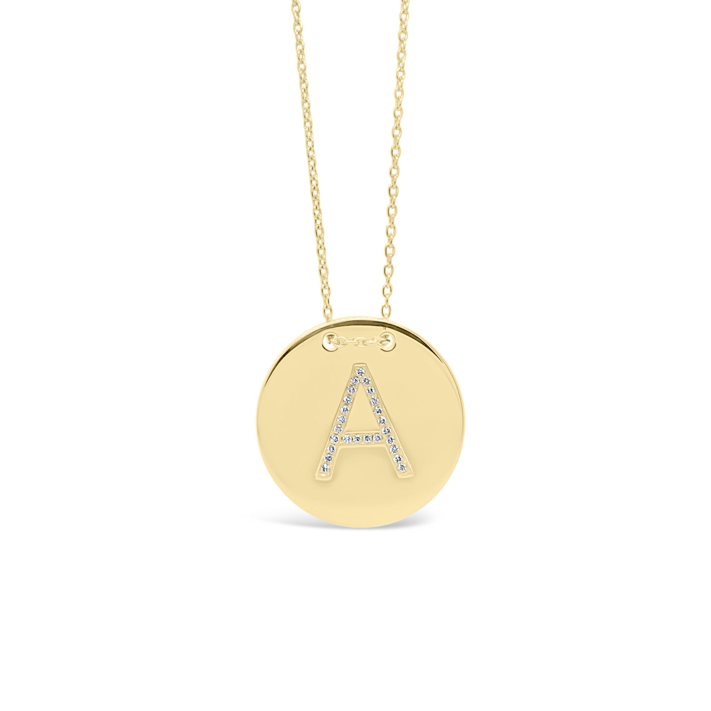Gold & Diamond Initial Disc Pendant  -14K gold weighing 6.97 grams  -25 round diamonds totaling 0.07 carats  16-18” adjustable chain