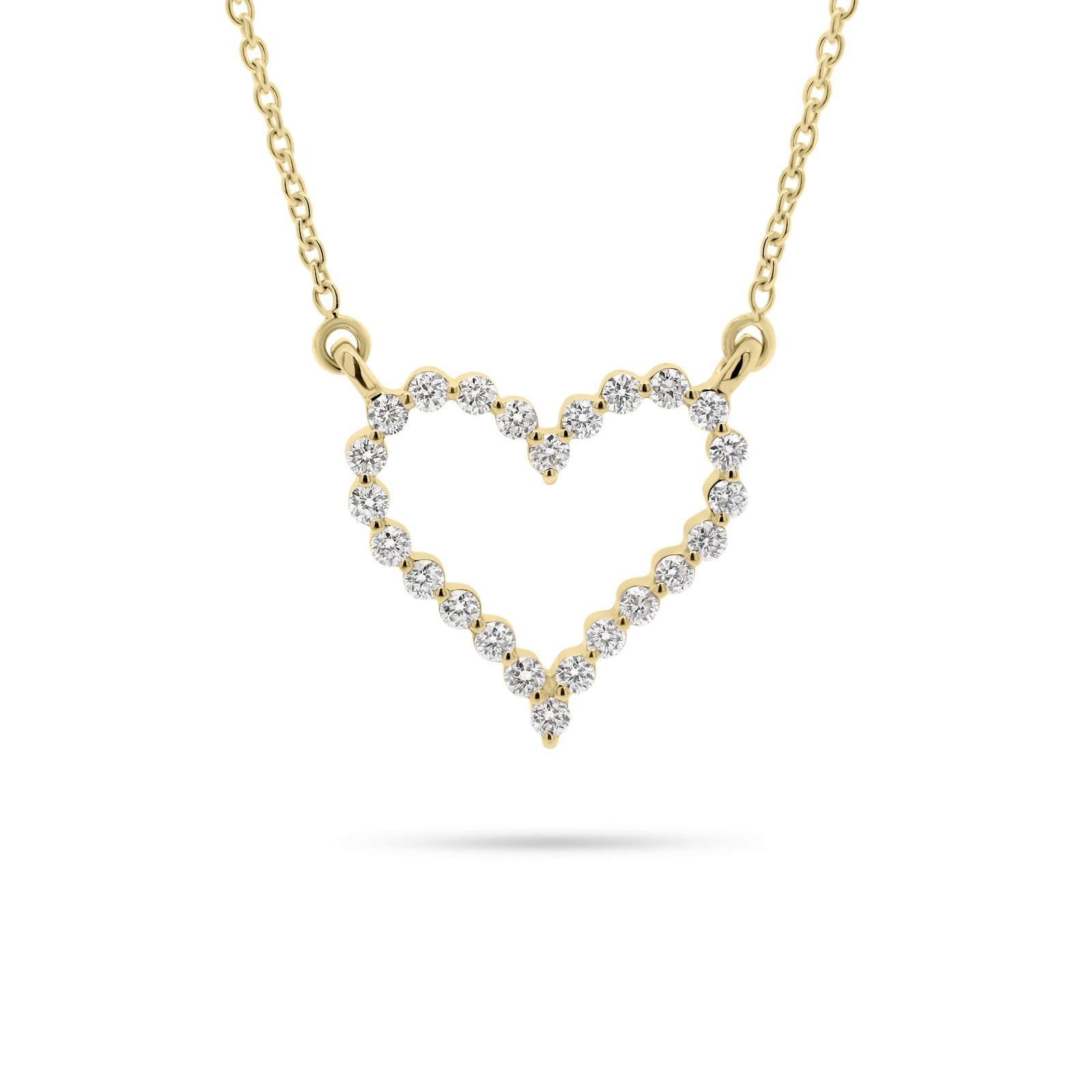 Diamond Small Open Heart Necklace  - 14K gold weighing 1.98 grams  - 24 round diamonds totaling 0.25 carats
