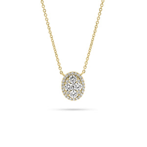Diamond Halo Oval Pendant  - 18K yellow gold weighing 3.31 grams  - 34 round diamonds totaling 0.63 carats
