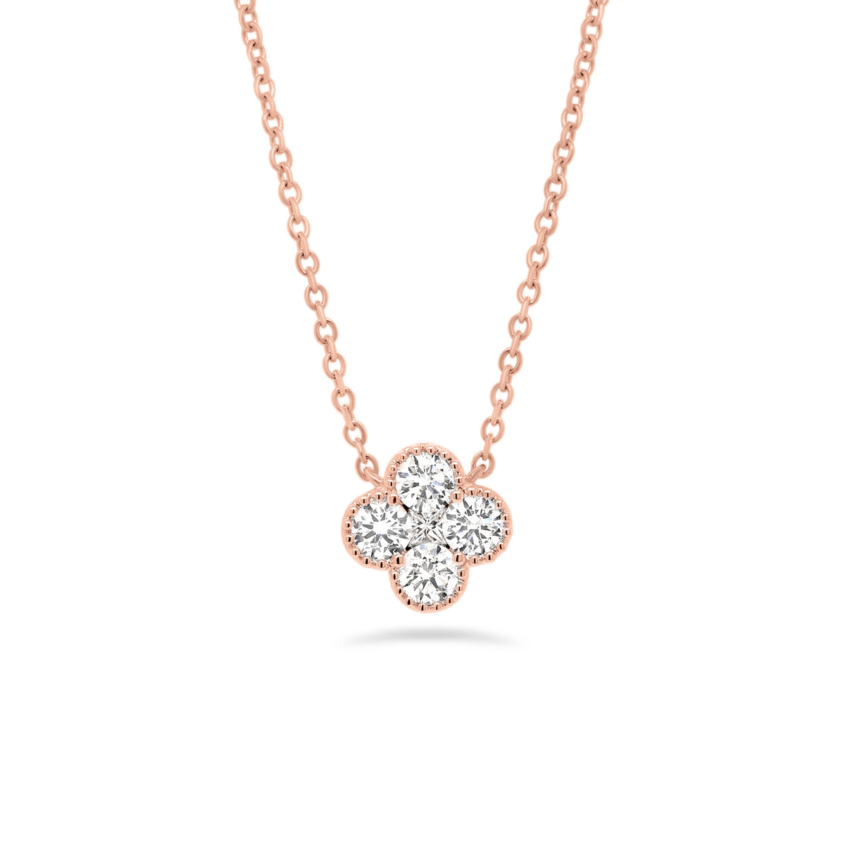 Diamond Flower Pendant  - 18K gold weighing 2.38 grams  - 4 round diamonds totaling 0.37 carats  - 0.03 ct princess-cut diamond